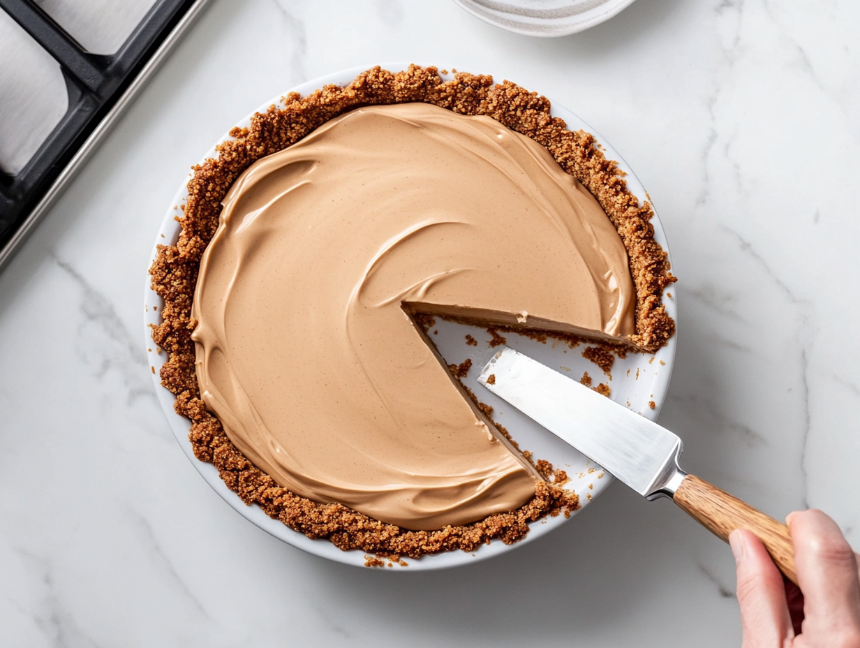 This image features the finished no-bake peanut butter pie with a smooth peanut butter filling and a golden graham cracker crust, ready for serving.