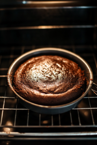 This image shows the Nutella cake baking in the oven, with the top turning golden and the center slightly firm, signaling it’s almost done.