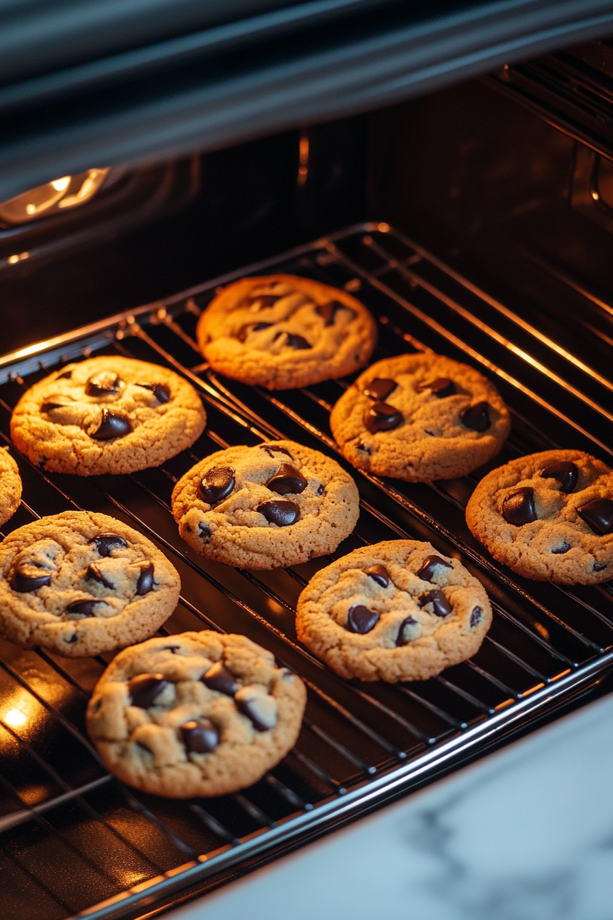 This image shows the Nutella cookies baking in the oven, rising to a soft and chewy consistency with a rich chocolate and hazelnut flavor.