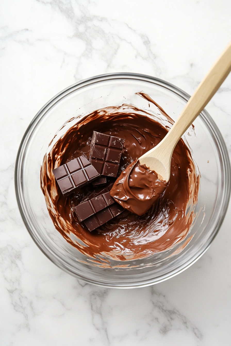 This image shows the process of folding the cooled chocolate and Nutella mixture into the beaten eggs and sugar, combining the ingredients gently to keep the batter light.