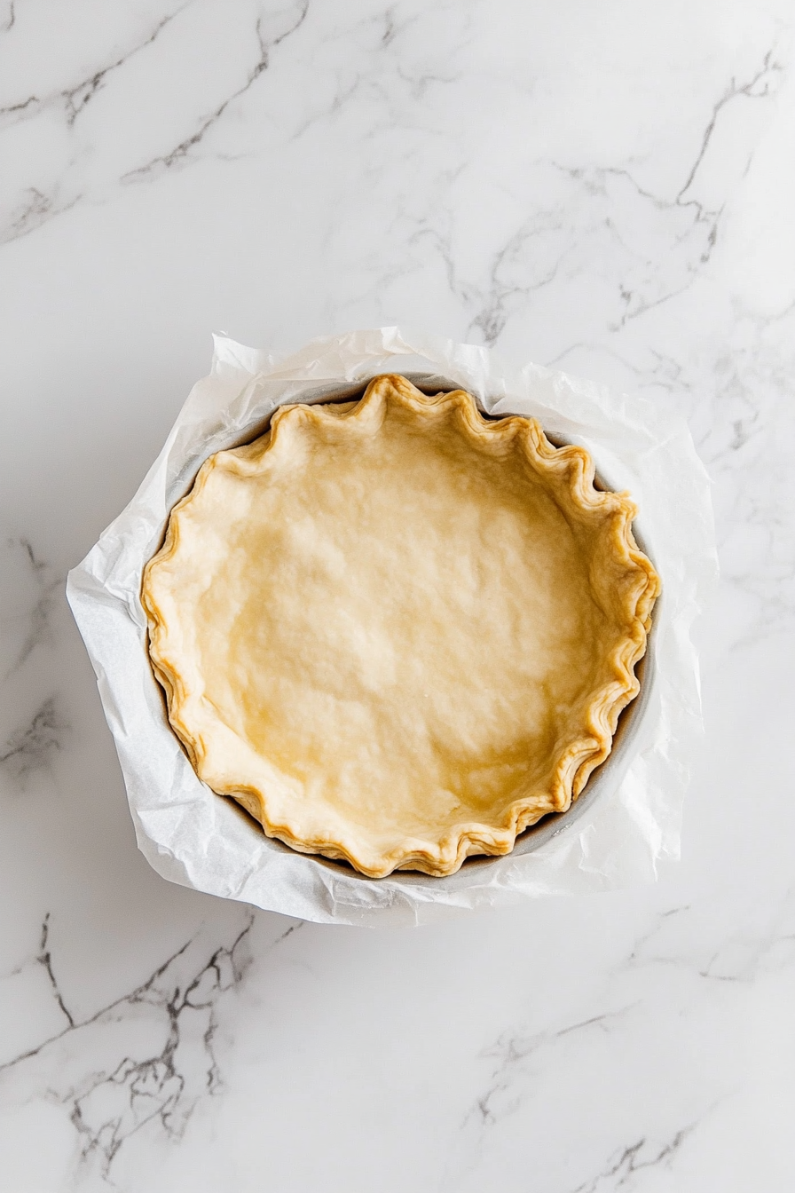 This image shows a pie crust lined with parchment paper and filled with pie weights being baked to set the crust before adding the filling.