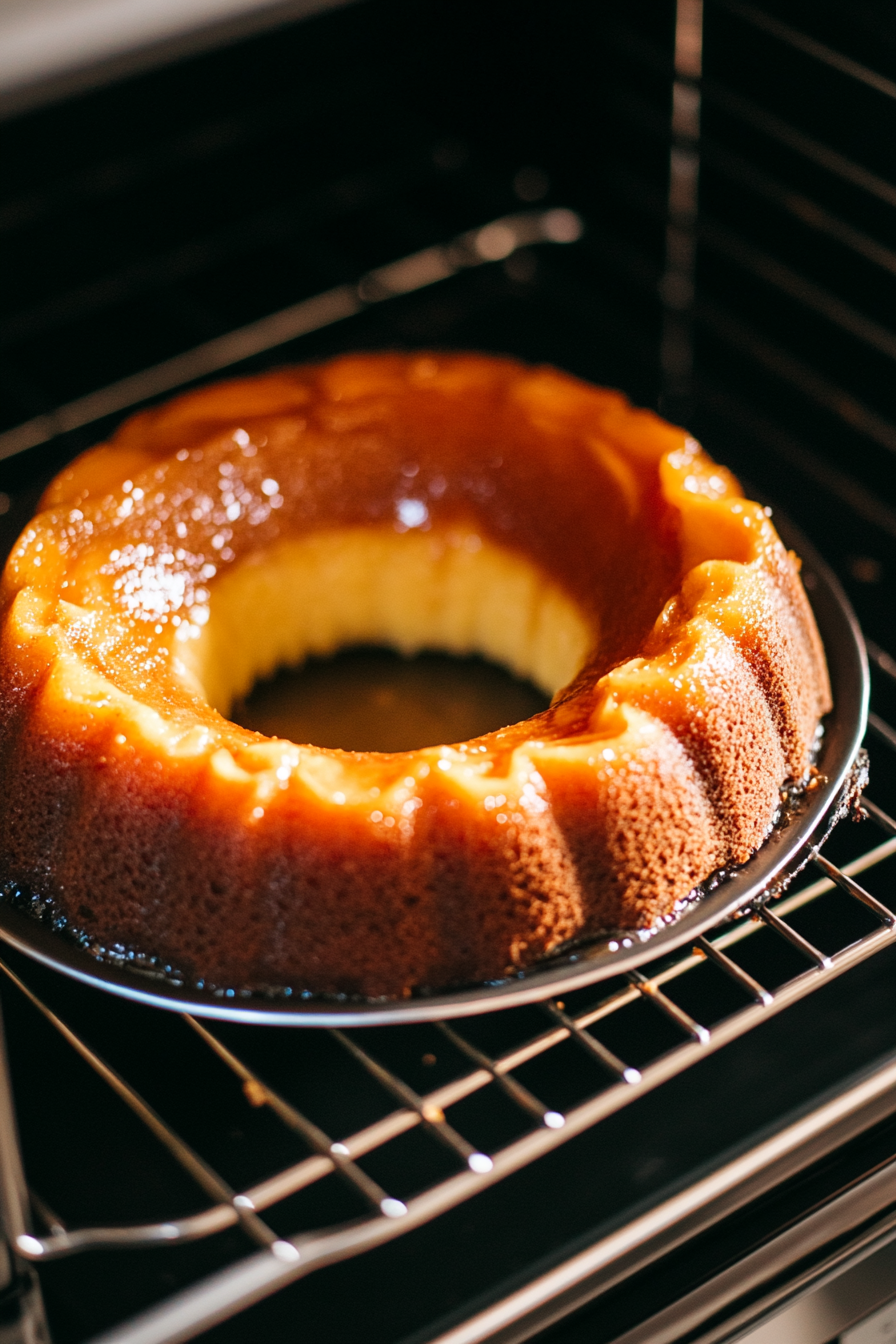 This image shows the peach cake baking in the oven, turning golden brown, and ready to be tested with a toothpick for doneness.