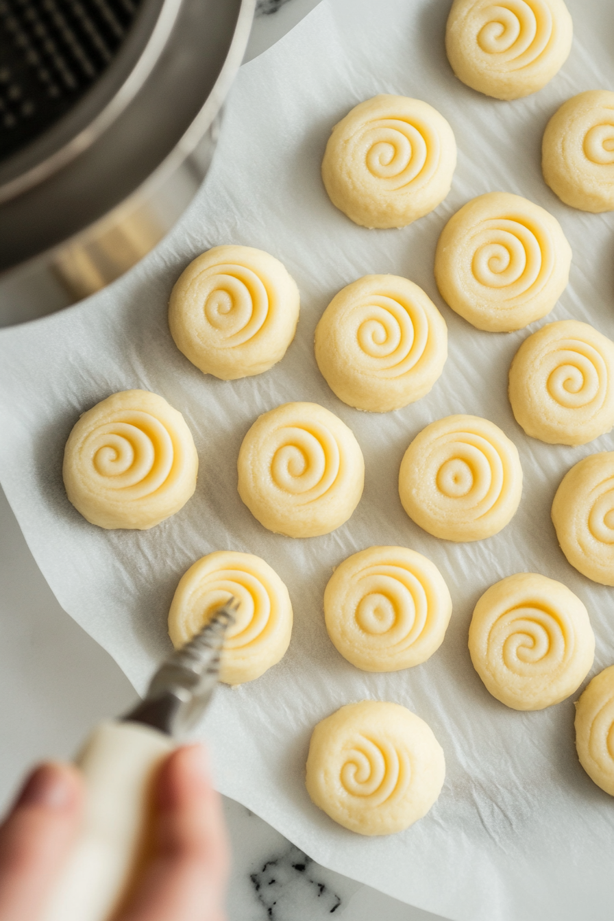 This image shows star-shaped rings of chilled choux dough being piped onto small parchment paper squares using a pastry bag fitted with a large star tip, preparing the dough for frying.