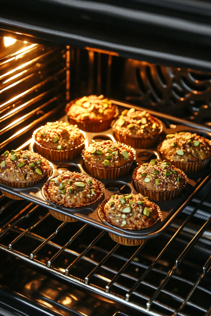 This image shows the pistachio muffins baking in the oven, with the tops turning golden brown and the muffins rising beautifully.