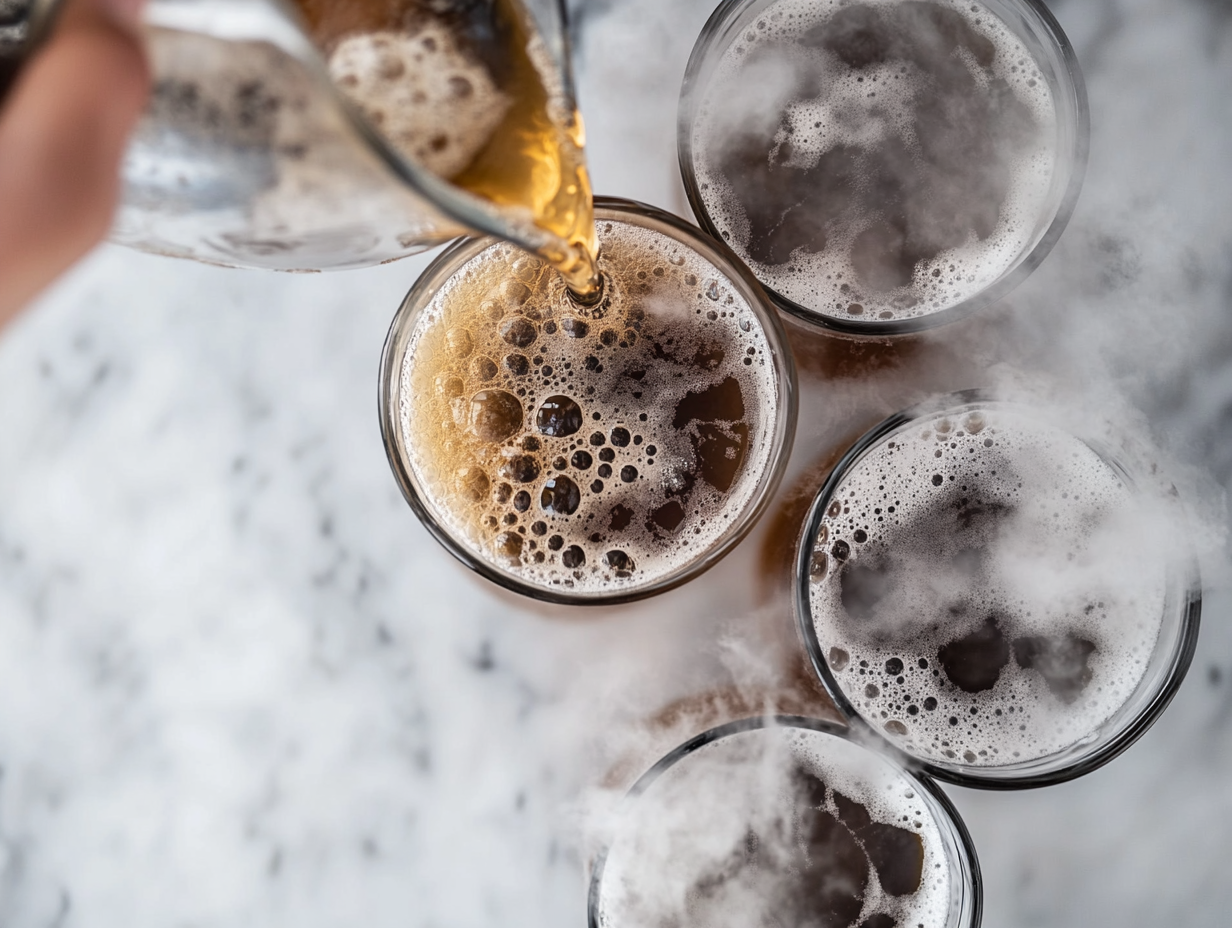 This image features a pitcher of homemade root beer with dry ice, highlighting the foggy and fizzy effect created by the dry ice, making it an eye-catching and festive beverage.