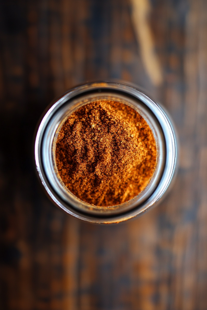 This image shows the leftover spice rub being placed in an airtight jar to keep it fresh for future use.