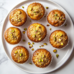 This image showcases a plate of moist and nutty pistachio muffins, with their golden tops and a light sprinkle of pistachios, offering a delicious treat perfect for breakfast or a snack.