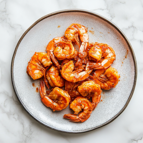 This image shows the Sriracha Shrimp plated with a vibrant orange color and coated in spicy sauce, perfect for serving with tacos, wraps, or salads.