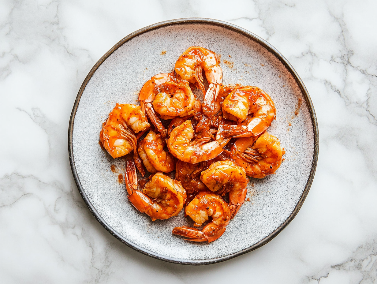 This image shows the Sriracha Shrimp plated with a vibrant orange color and coated in spicy sauce, perfect for serving with tacos, wraps, or salads.