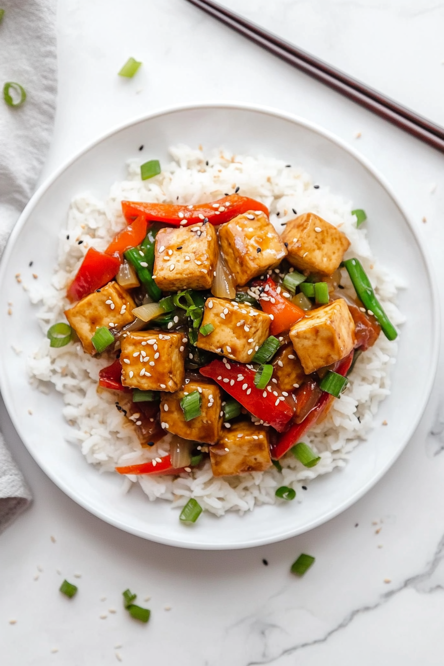 This image shows the finished tofu stir fry served on a plate over steamed rice, with golden tofu and vibrant vegetables, garnished with green onions and sesame seeds for added flavor and texture.