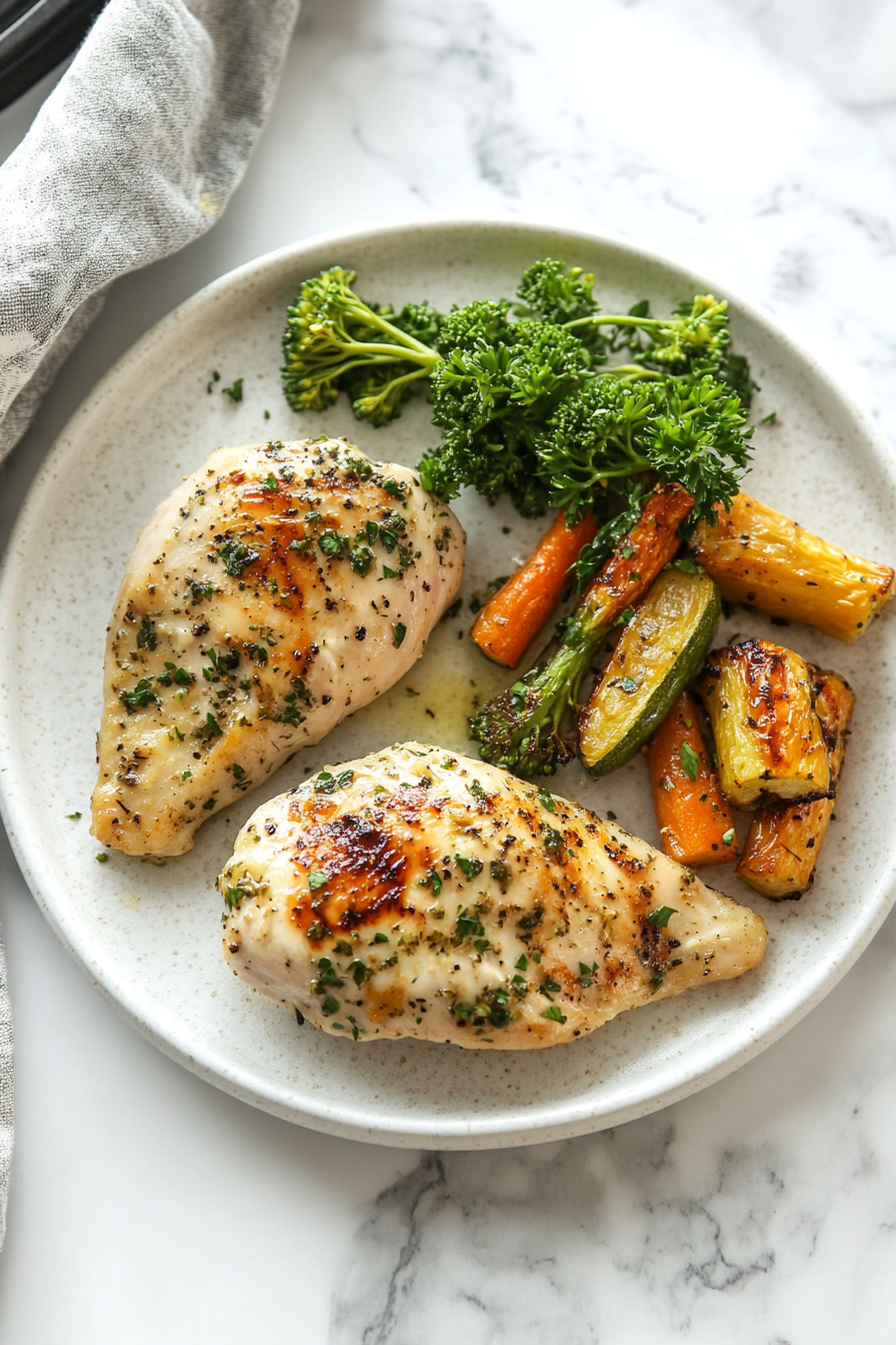 This image shows the garlic butter baked chicken breasts being plated with a garnish of fresh parsley, ready to be served as a delicious and elegant main course.