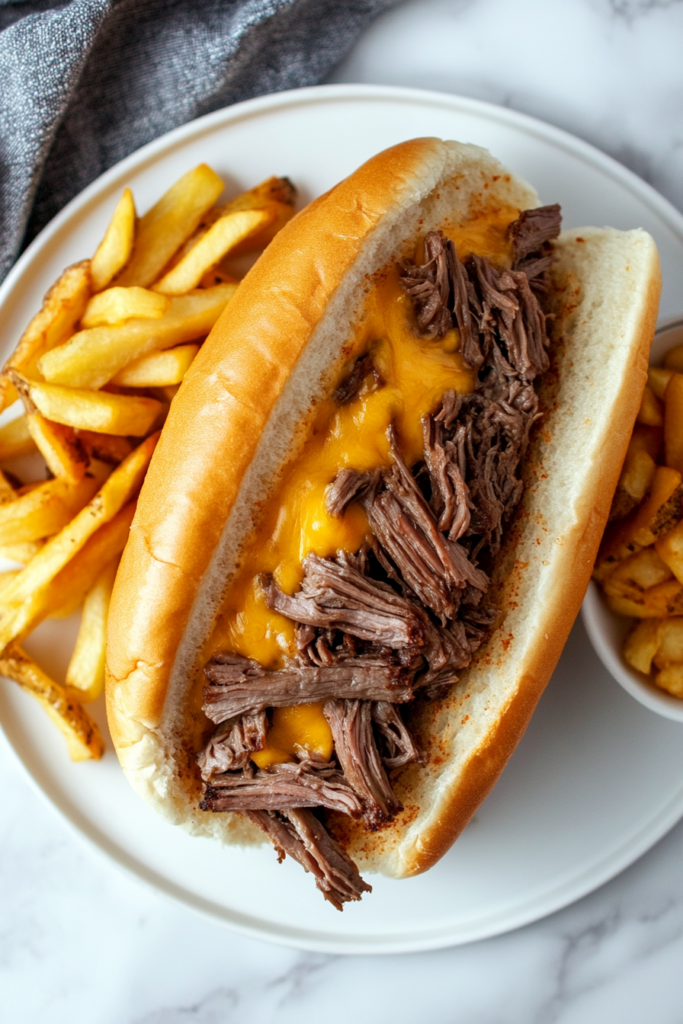 This image shows the completed beef and cheddar sandwich served on a plate, accompanied by a side of crispy curly fries for a perfect meal.