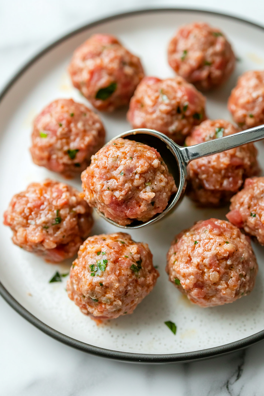 This image shows the ground beef mixture being portioned with a scoop and rolled into small, evenly-sized meatballs, ready to be added to the crockpot.