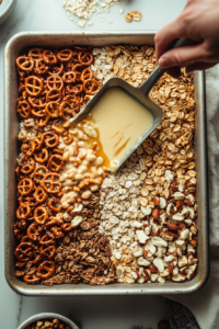 This image shows the butter mixture being poured over the dry ingredients in a baking pan, with the mixture being stirred to ensure all pieces are evenly coated.