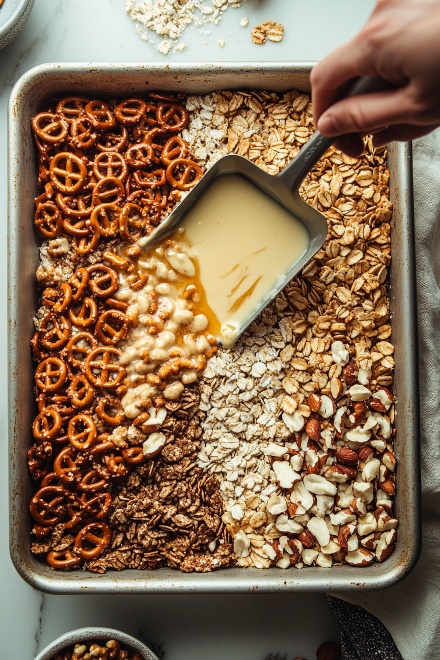 This image shows the butter mixture being poured over the dry ingredients in a baking pan, with the mixture being stirred to ensure all pieces are evenly coated.