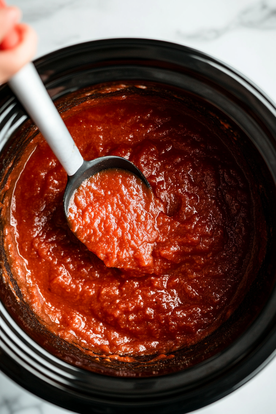 This image shows the freshly blended marinara sauce being poured into the bottom of a crockpot, creating the base layer for cooking the Italian meatballs.