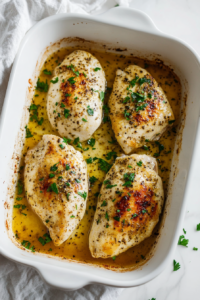 This image shows the garlic butter mixture being poured over chicken breasts placed in a baking dish, ensuring each breast is well coated with the flavorful sauce before baking.