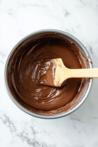 This image shows the Nutella cake batter being poured evenly into the prepared 8-inch cake tin, ready to be baked to perfection.