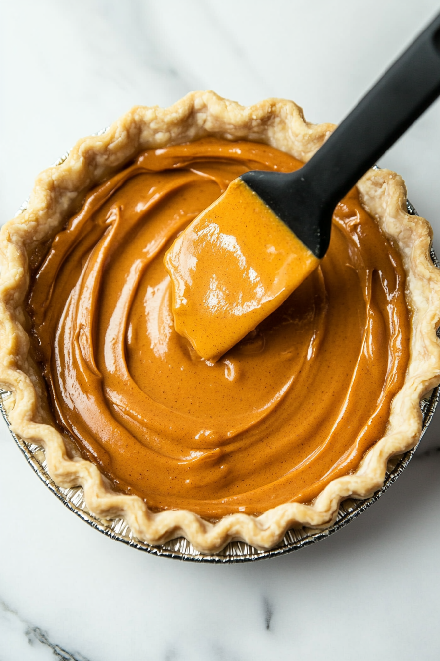 This image shows the smooth pumpkin pie filling being poured into a pre-baked pie crust, ready for baking.