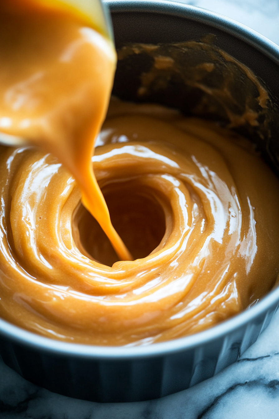 This image shows the peach cake batter being carefully poured into the prepared bundt pan, ensuring an even distribution for baking.