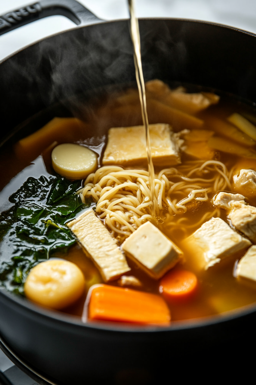 This image depicts vegetable broth being poured into the pot, along with chopped vegan chicken pieces and egg-free noodles. The ingredients are being combined to create the soup's base.