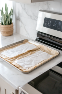 This image shows the oven being preheated to 350°F while baking sheets are lined with parchment paper, preparing for the Nutella cookie dough to be placed and baked.