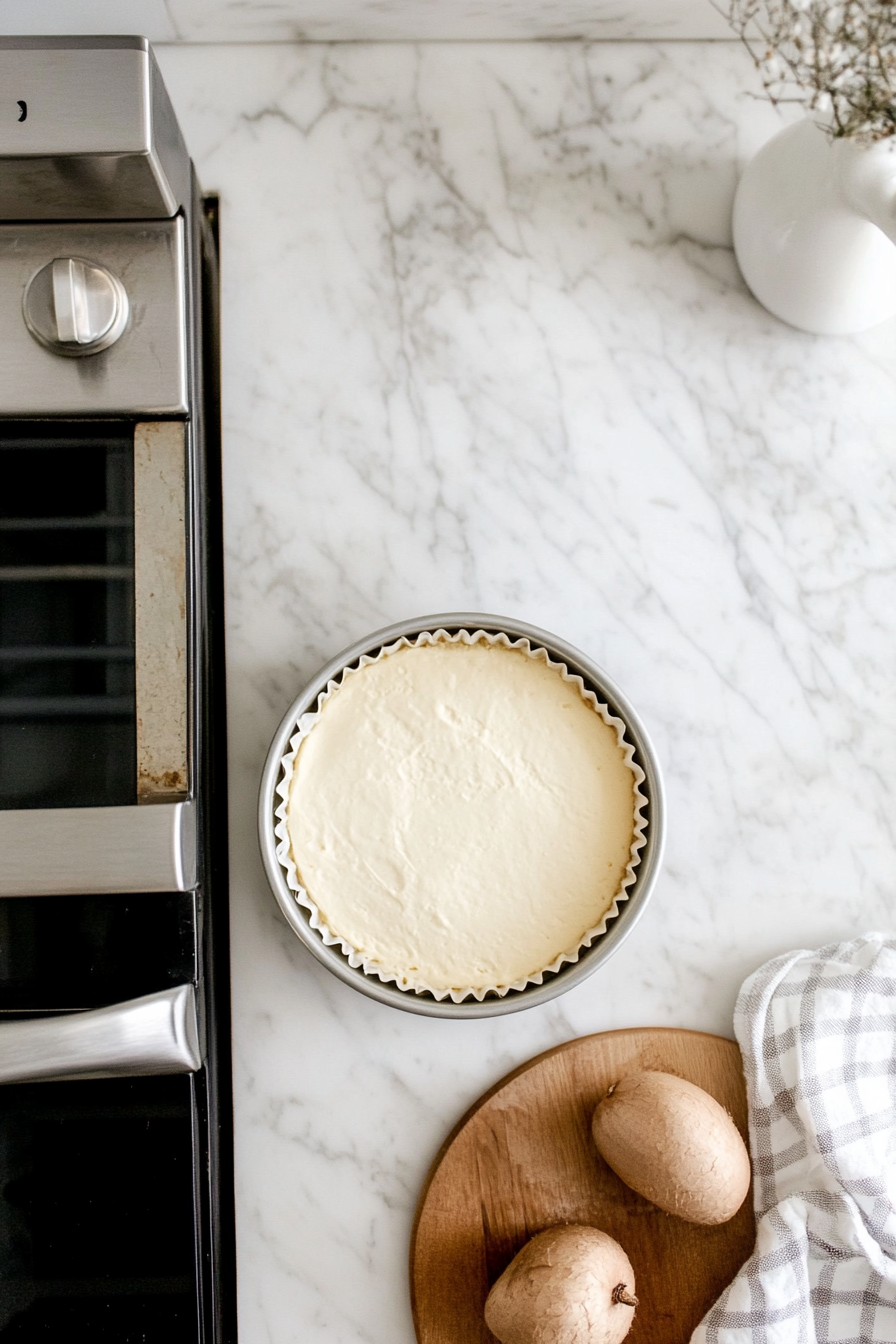 This image shows the oven being preheated to 350°F while an 8-inch cake tin is being lined with parchment paper and greased, preparing it for the Nutella cake batter.