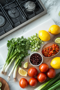 This image shows fresh ingredients like cilantro, green onions, corn, black beans, and Rotel tomatoes being prepared for cowboy caviar.