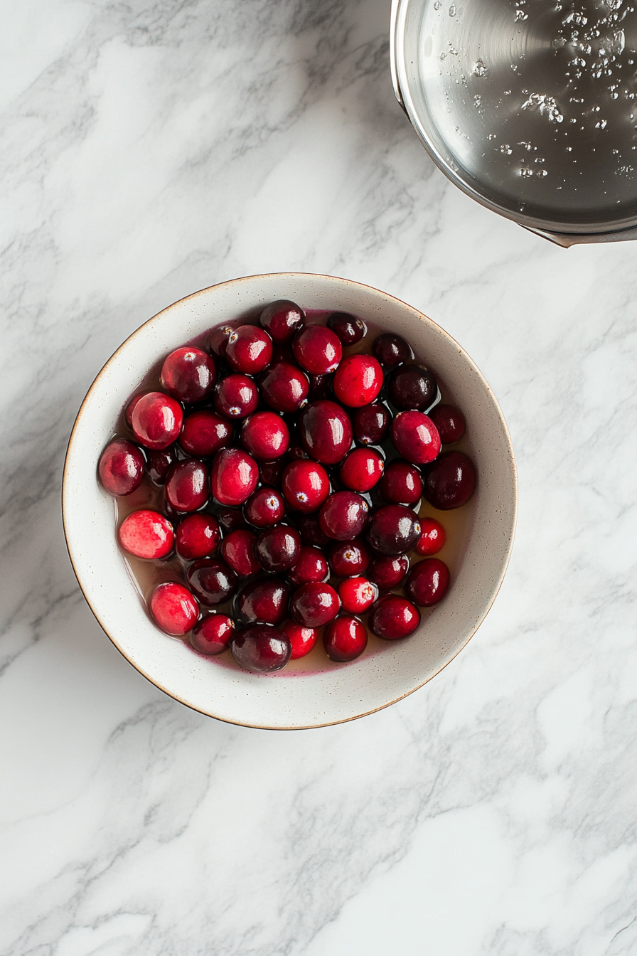 This image shows fresh cranberries being soaked in a sugar syrup to create sugared cranberries, which can be used as a decorative topping for the pie.