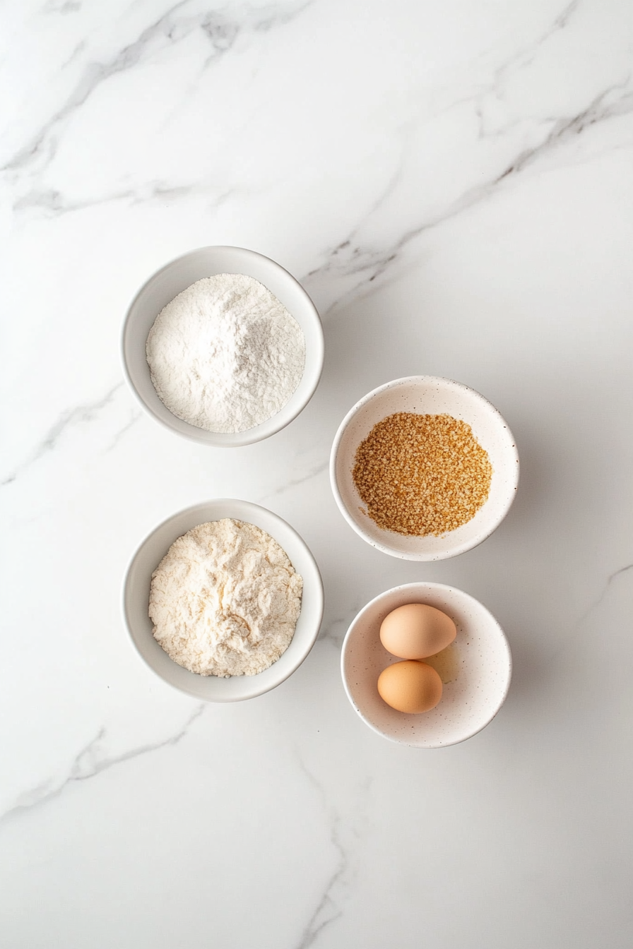 This image shows a well-organized frying station with a deep fryer preheating and three separate bowls containing flour, a mixture of egg and milk, and seasoned bread crumbs, ready for breading the rattlesnake bites.