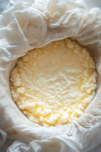 This image shows curd slabs wrapped in cheesecloth being pressed and flipped periodically to remove excess whey during the draining process, ensuring a firm texture for the homemade cheese curds.