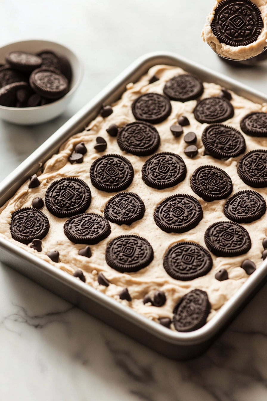 This image shows the cookie dough being pressed evenly into the bottom of a baking pan, with whole Oreos neatly arranged on top, preparing for the cheesecake layer.