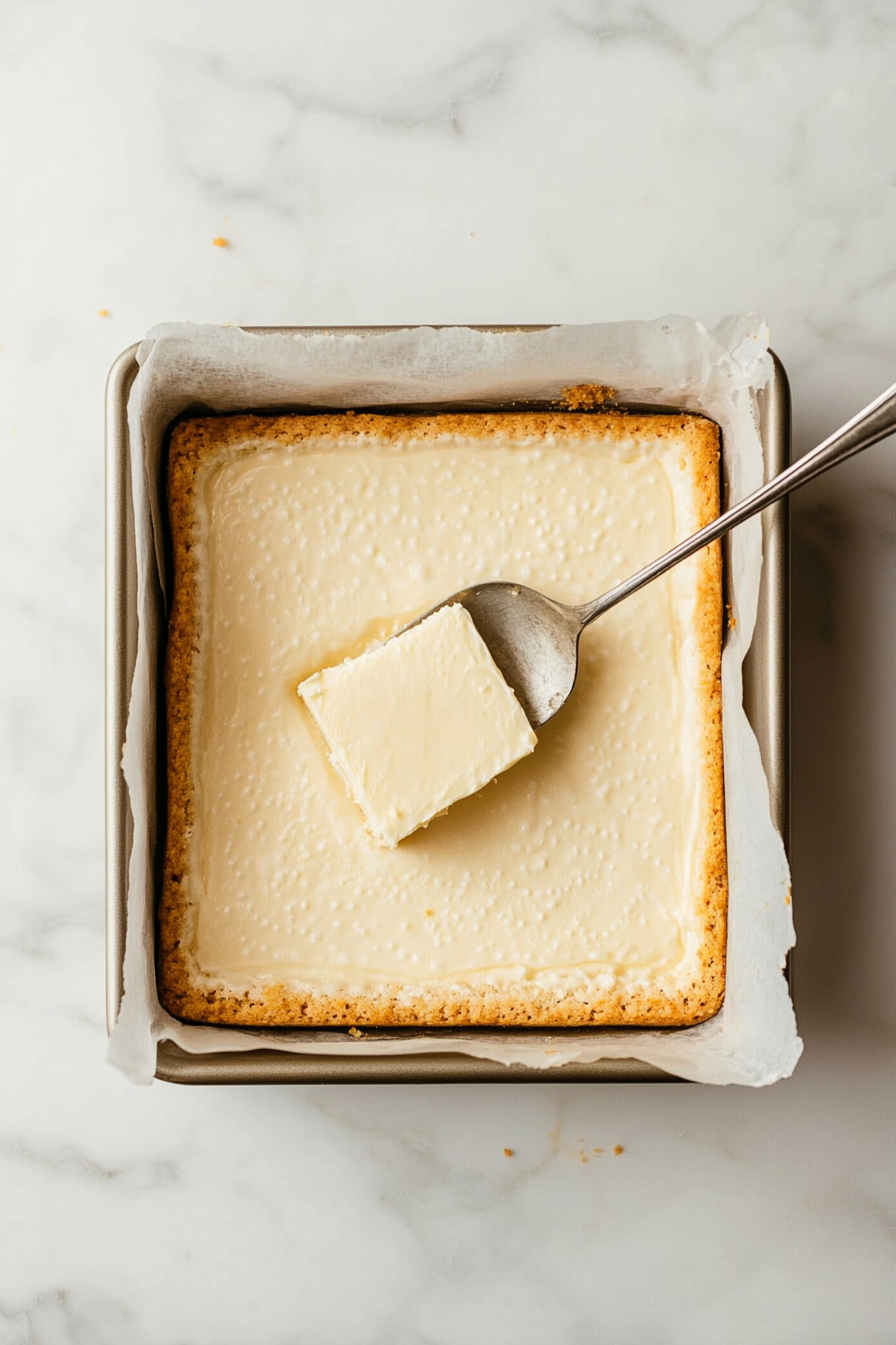 This image shows the Nilla Wafer and butter mixture being evenly pressed into the bottom of a baking pan lined with parchment paper to create the crust for the cheesecake bars.