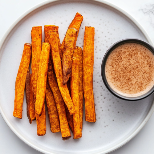 This image features a plate of perfectly crispy sweet potato fries next to a bowl of rich cinnamon and brown sugar dipping sauce, showcasing the delicious side dish.