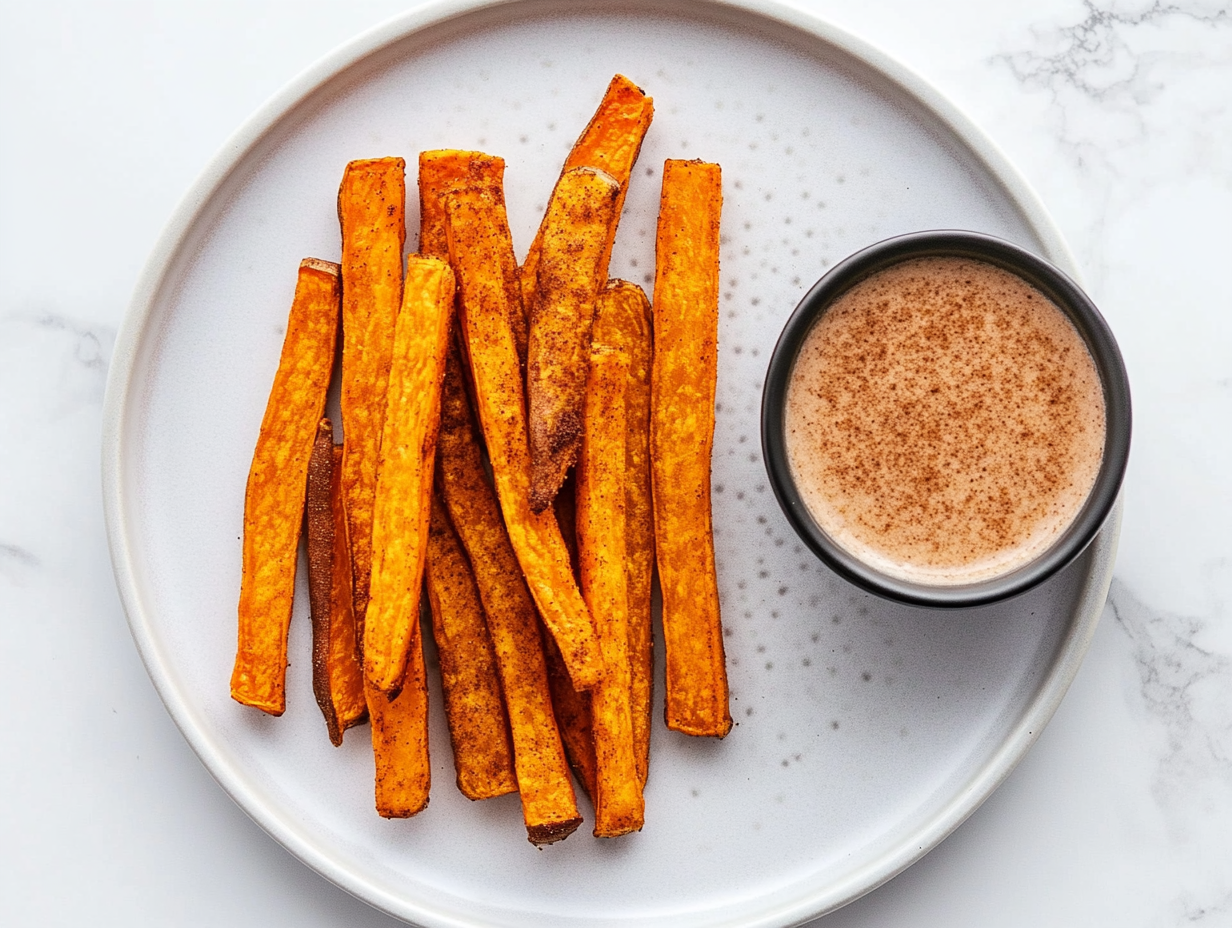 This image features a plate of perfectly crispy sweet potato fries next to a bowl of rich cinnamon and brown sugar dipping sauce, showcasing the delicious side dish.