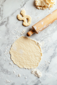 This image shows the Kringla dough being rolled out into long, pencil-thin strips on a lightly floured surface, ready to be shaped into traditional figure eights.