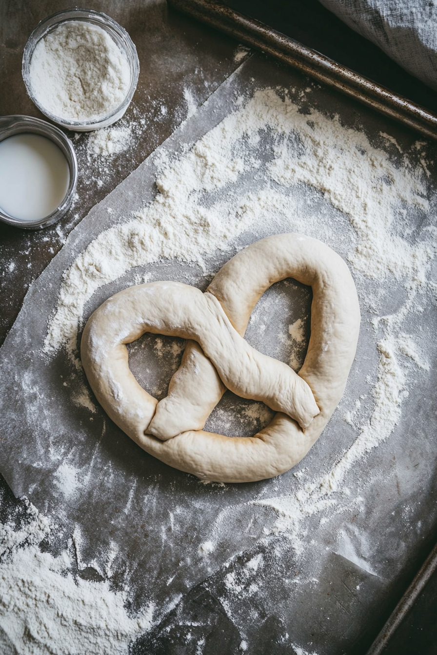 This image shows the dough being rolled into long ropes and twisted into classic pretzel shapes, with the pretzels placed on a lined baking sheet, ready for their final rise.