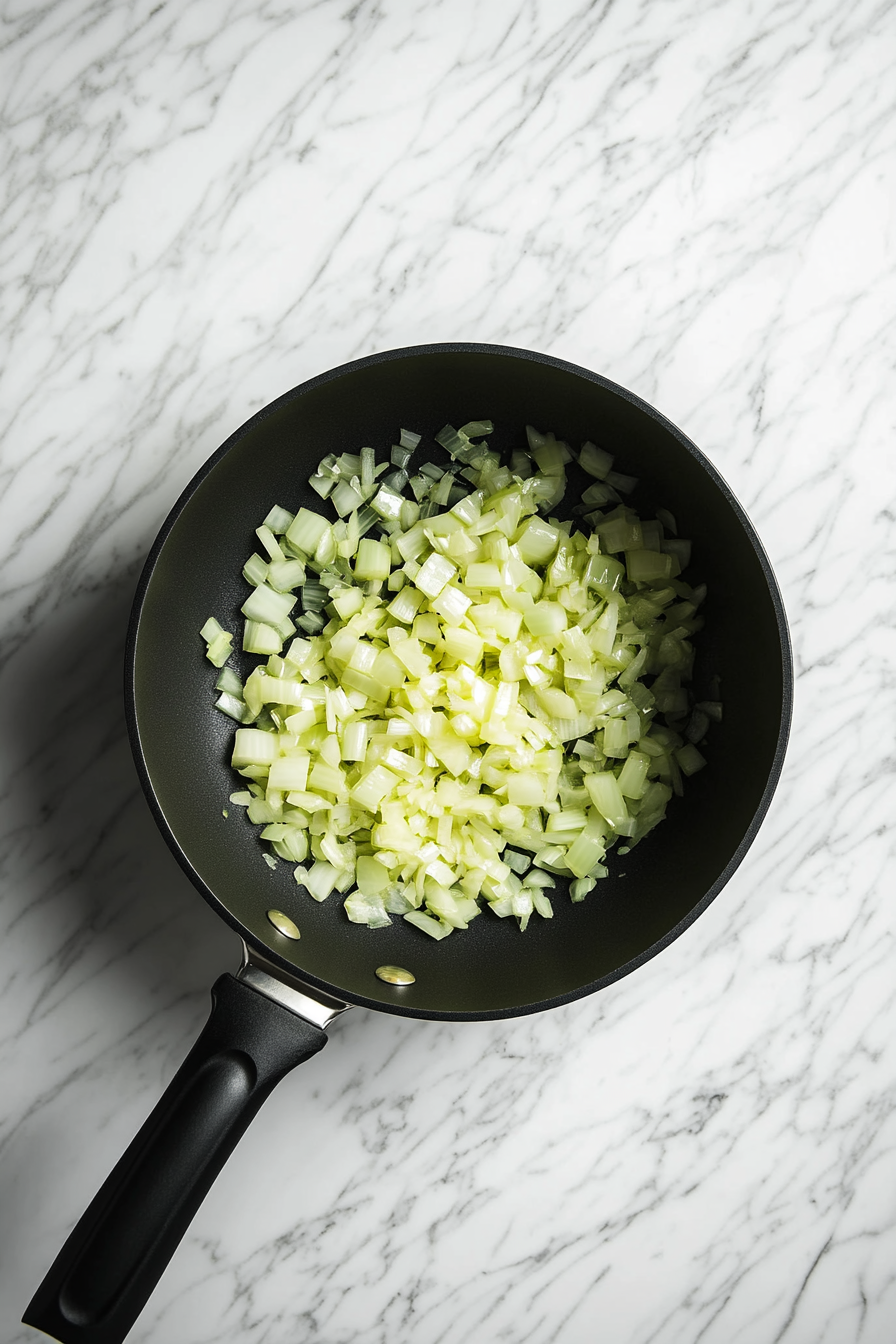 This image shows a large pot with olive oil heating up. Chopped onion and celery are being sautéed until they begin to soften and release their aromas, forming the base for the soup.