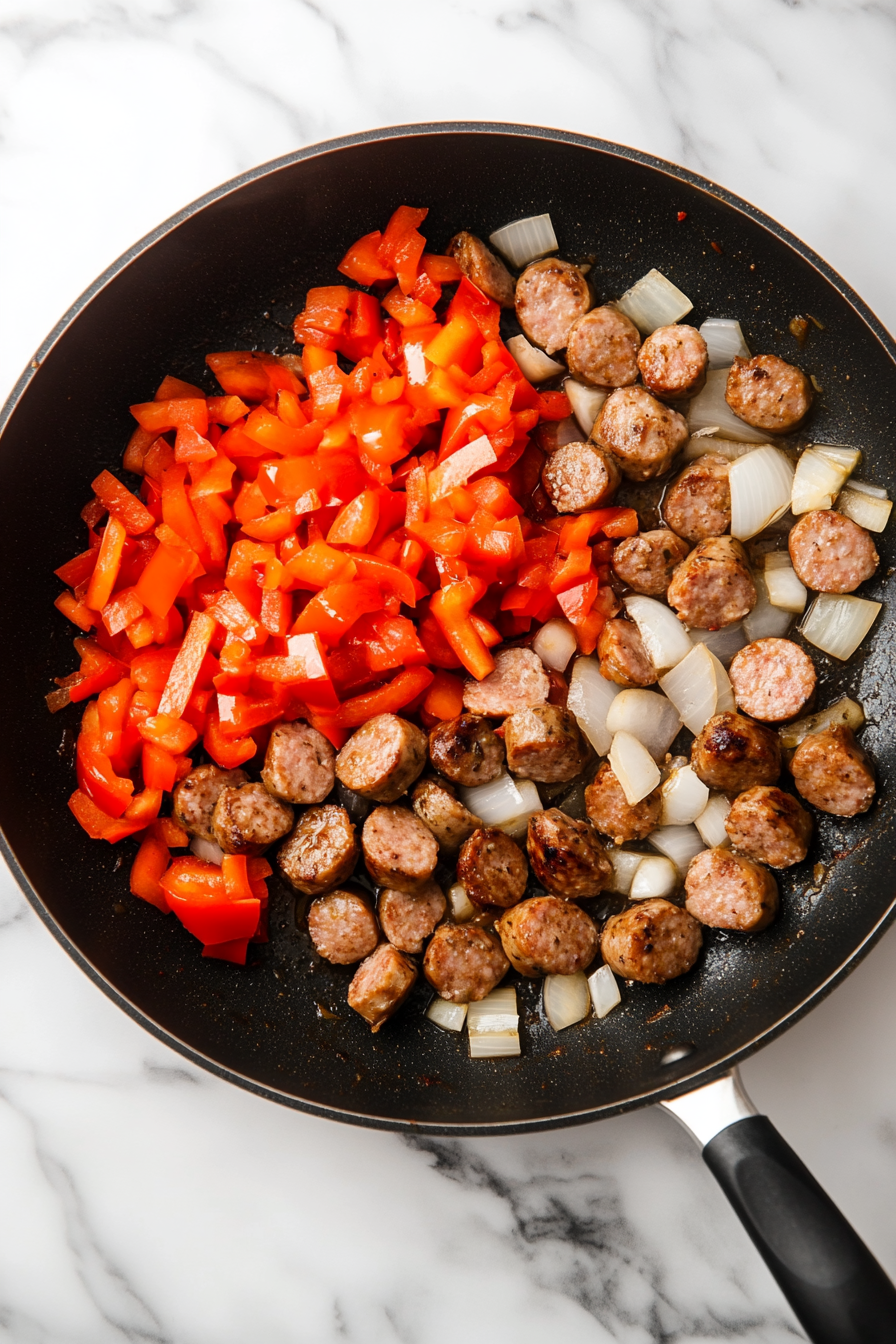 This image shows diced onion and red bell pepper being sautéed with the browned sausage in a large skillet, adding flavor and color to the smoked sausage and rice recipe.