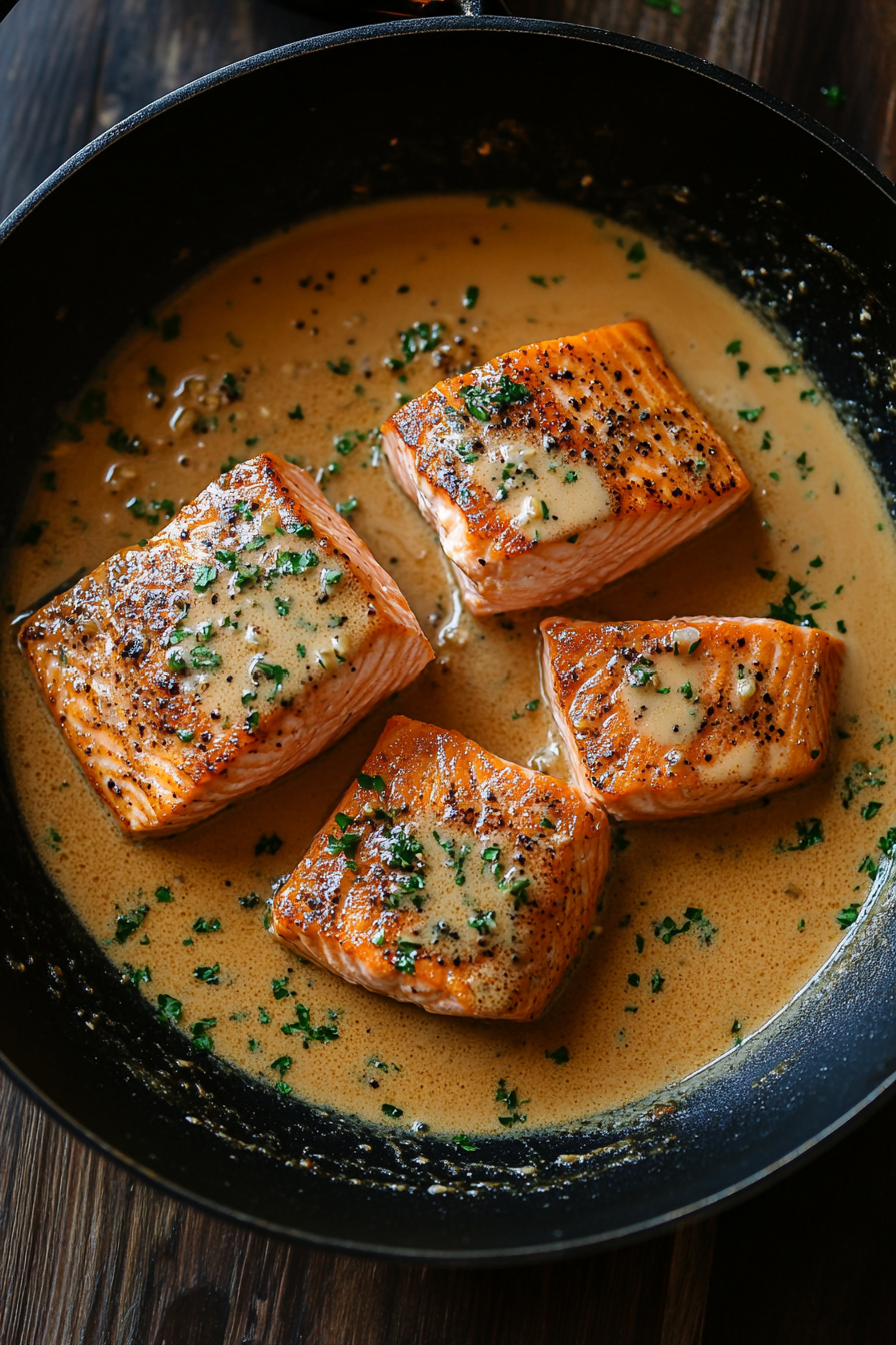 This image shows minced garlic being sautéed in a skillet, followed by the addition of cream and chicken broth, which are simmered together to create a rich and creamy sauce for the spinach salmon pasta.