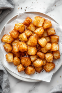 This image shows perfectly crispy fried potato cubes being sprinkled with salt and pepper, served on a plate as a flavorful side dish.