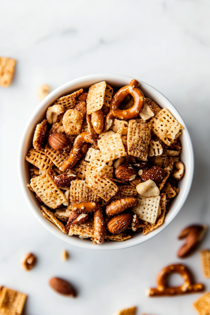 his image shows the cooled Texas Trash snack mix served in a bowl, ready to be enjoyed as a crunchy and savory snack.