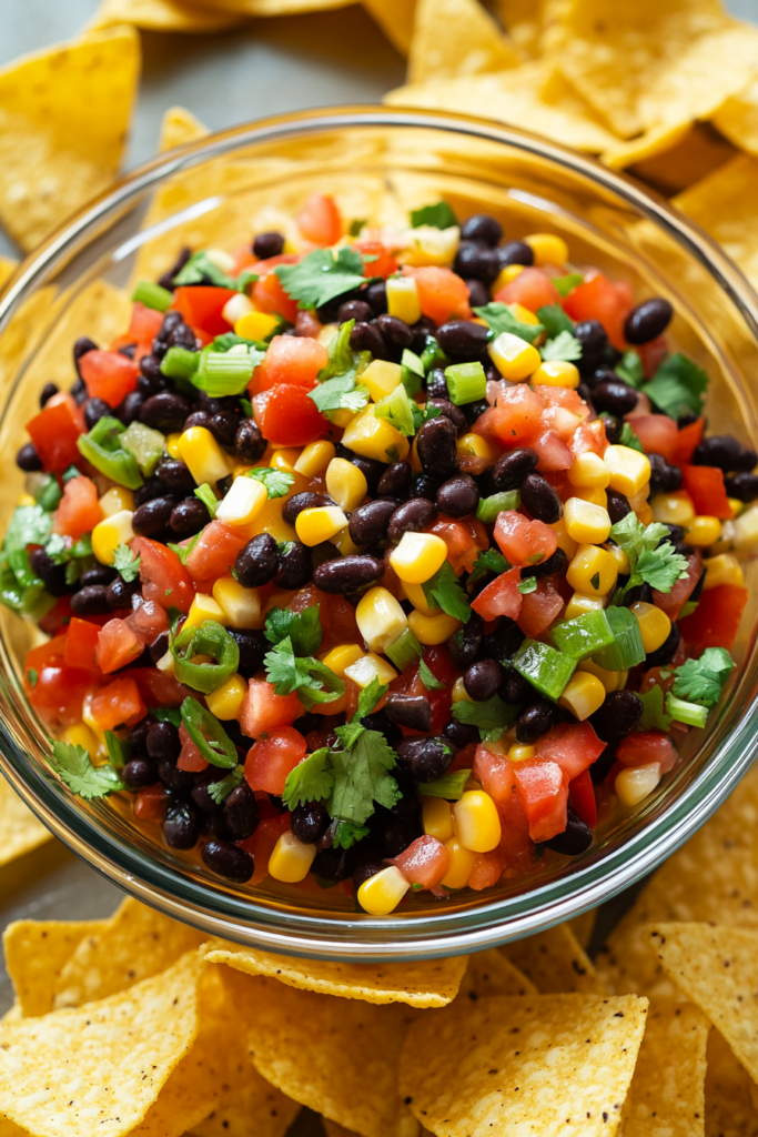 This image shows a vibrant cowboy caviar served in a bowl alongside crispy tortilla chips, ready to enjoy as a dip or side dish.