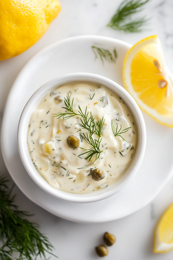 This image shows a bowl of freshly made tartar sauce, ready to be served as a dip or sauce alongside seafood dishes, such as fish fillets or shrimp.