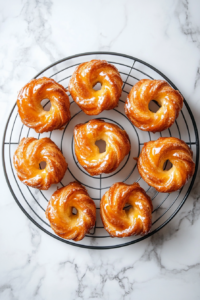 This image shows a plate of freshly glazed French crullers with their distinctive twisted shape, golden color, and airy light texture, ready to be enjoyed.