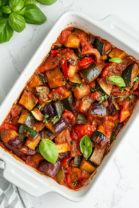 This image shows a serving of beautifully baked ratatouille with tender, colorful vegetables, arranged on a plate, ready to enjoy.