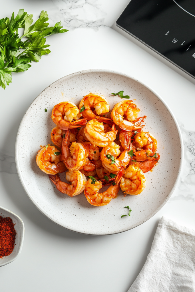 This image shows spicy Sriracha shrimp served hot on a plate, garnished with fresh herbs, ready to be enjoyed.