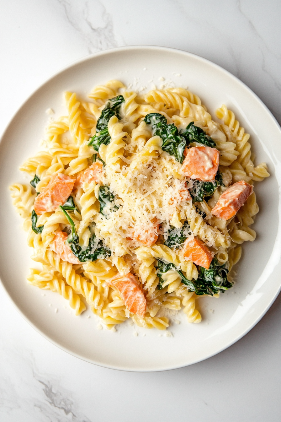 This image shows a serving of spinach salmon pasta garnished with freshly grated Parmesan cheese and lemon zest, ready to be enjoyed as a delicious and nutritious meal.