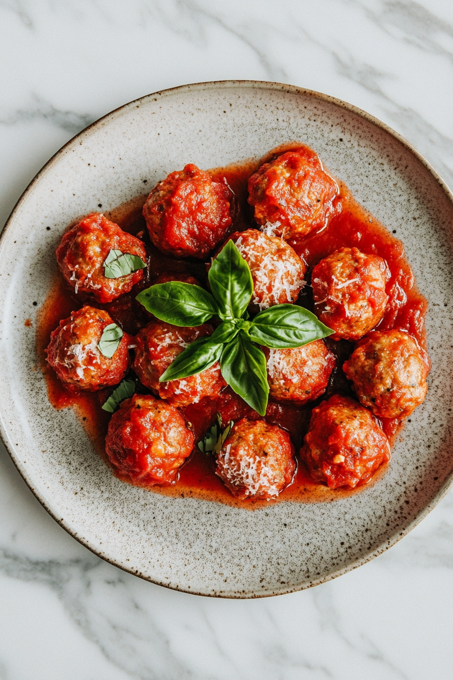 This image shows the tender Italian meatballs being served from the crockpot onto a plate, covered in the rich, homemade marinara sauce, ready to enjoy.