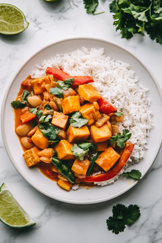 This image shows the Thai red curry vegetables served over steamed jasmine rice, garnished with fresh coriander and lime wedges, ready to be enjoyed as a flavorful and aromatic dish.